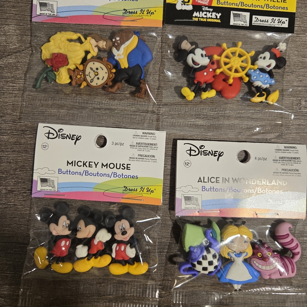 Disney Character Button Sets- Alice, Beauty And The Beast, Mickey Mouse